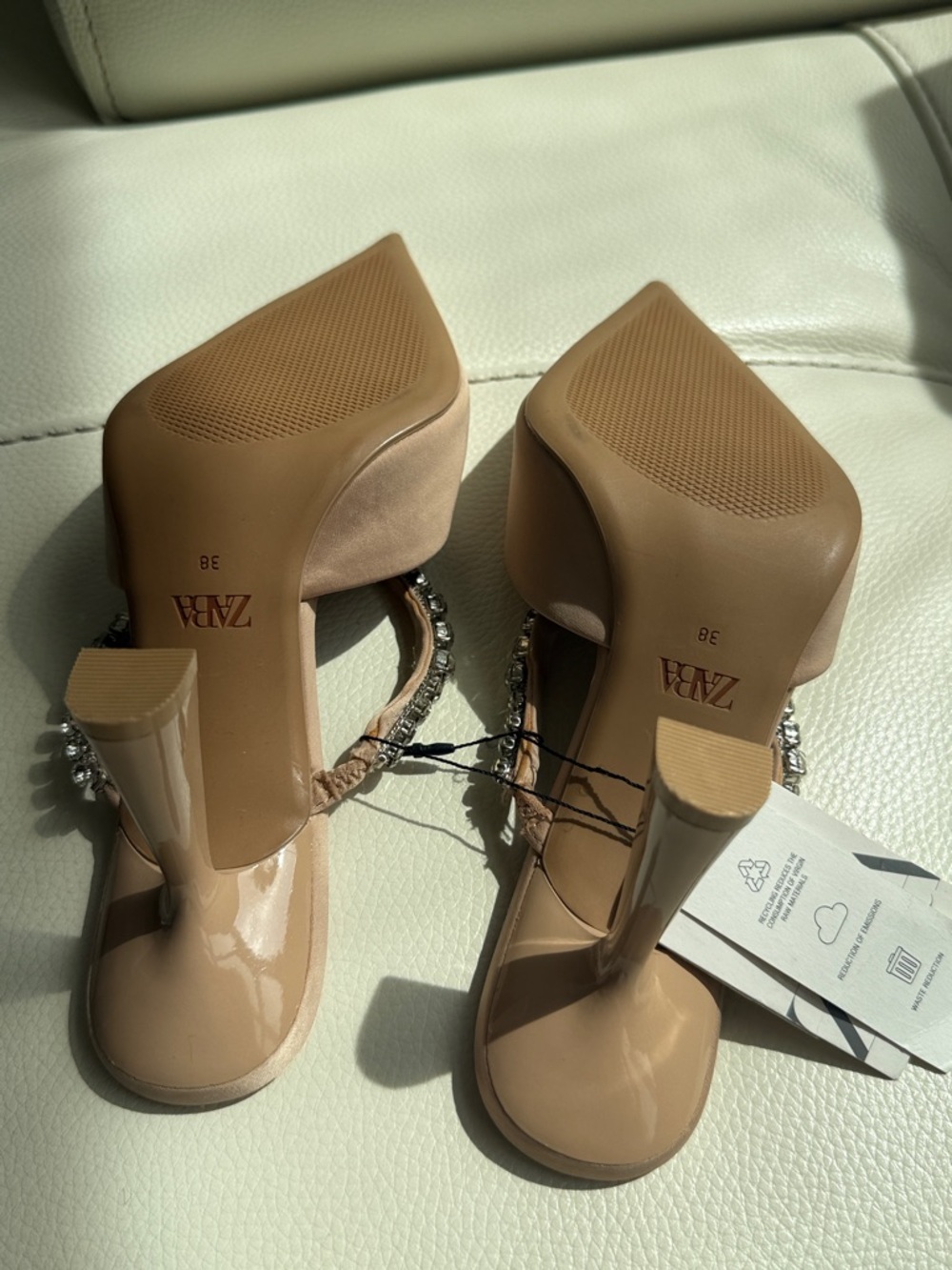 Zara Beige Pointed Toe‎ Mules with Crystal Strap - Picture 5 of 16